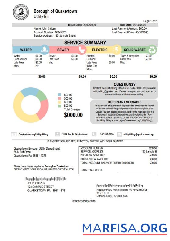 Printable USA Pennsylvania Quakertown Borough utility bill template in Word and PDF format